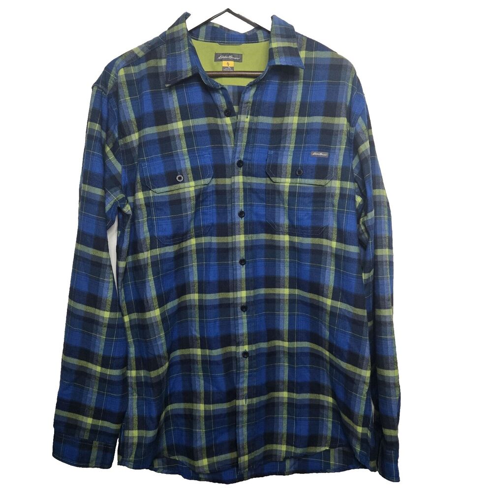 Eddie Bauer Blue Green Plaid Button Front Shirt Large Tall